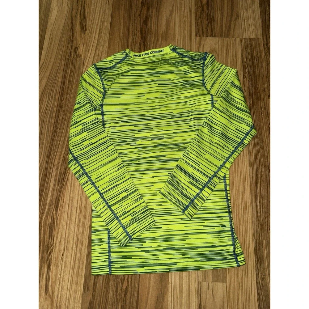 Nike Pro Combat Boys L Large Fitted Shirt Warm Long Sleeve Stretch Green Blue‎